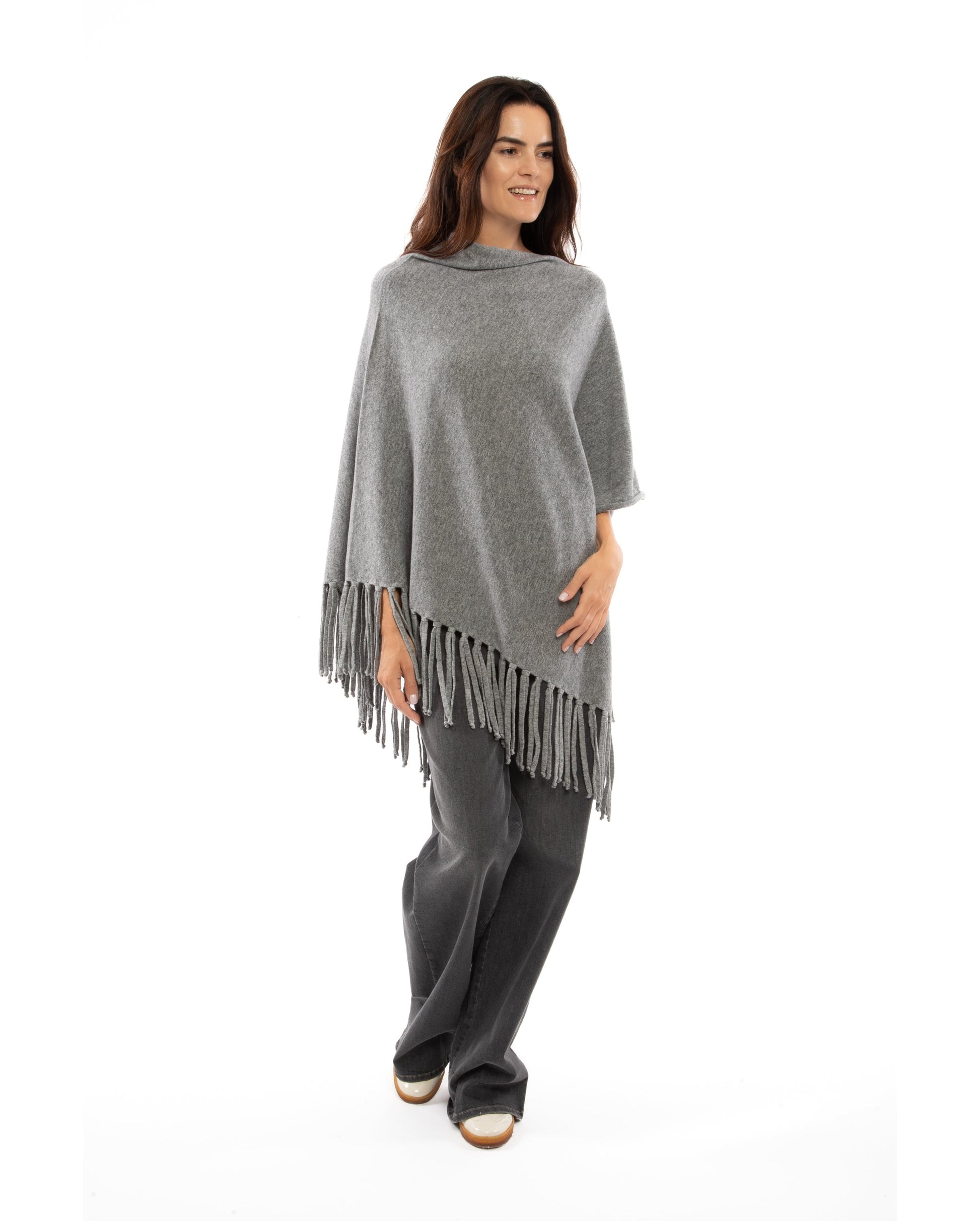 Poncho Fringes Asymmetrical Pure Cashmere Made in Italy Melange Gray 5