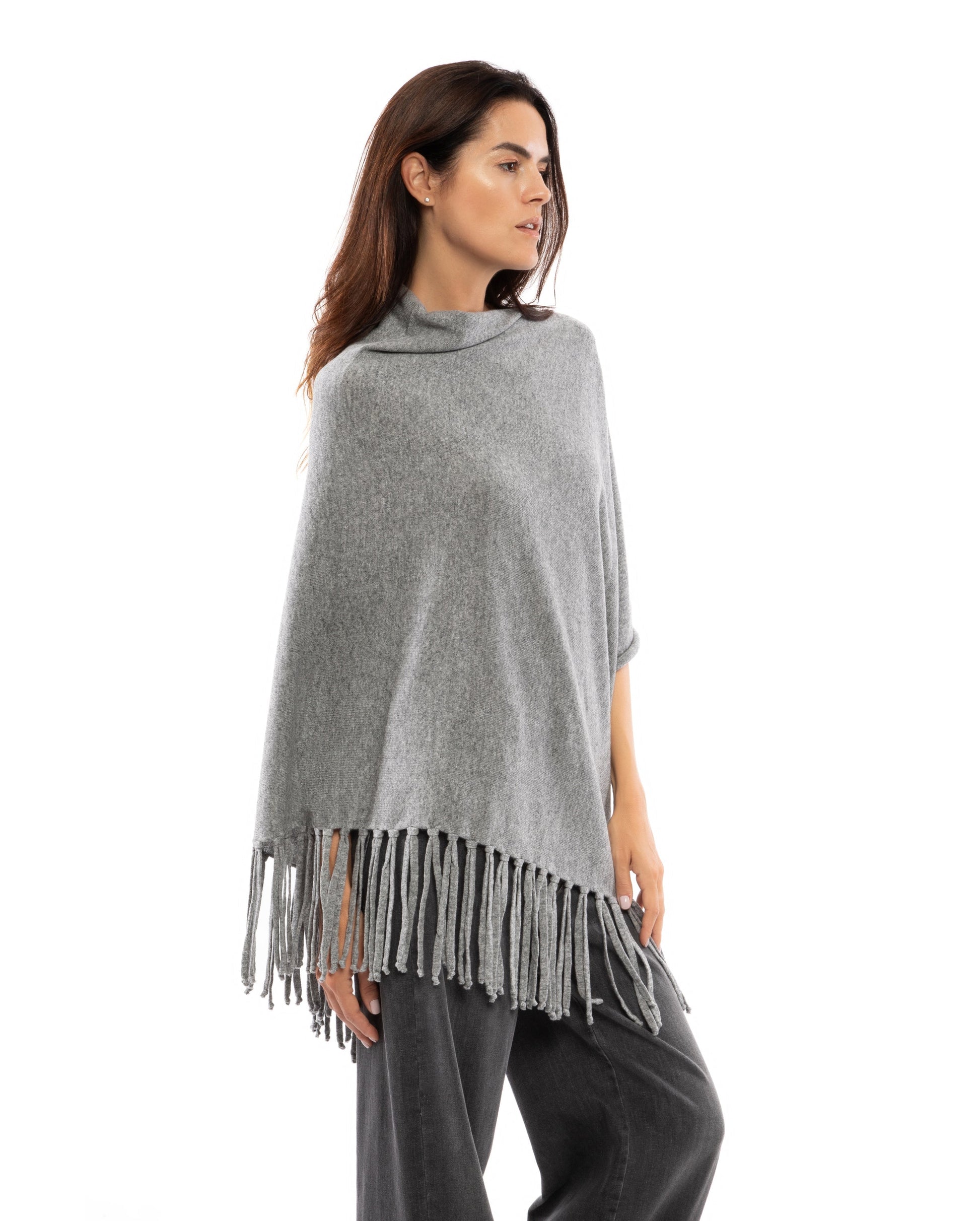 Poncho Fringes Asymmetrical Pure Cashmere Made in Italy Melange Gray 6
