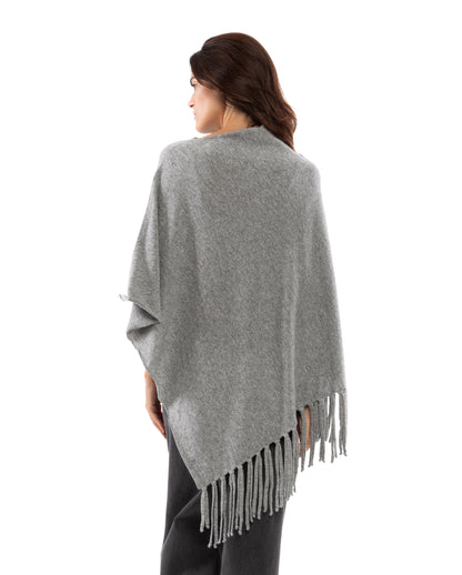 Women's Pure Cashmere Poncho with Fringes Melange Gray