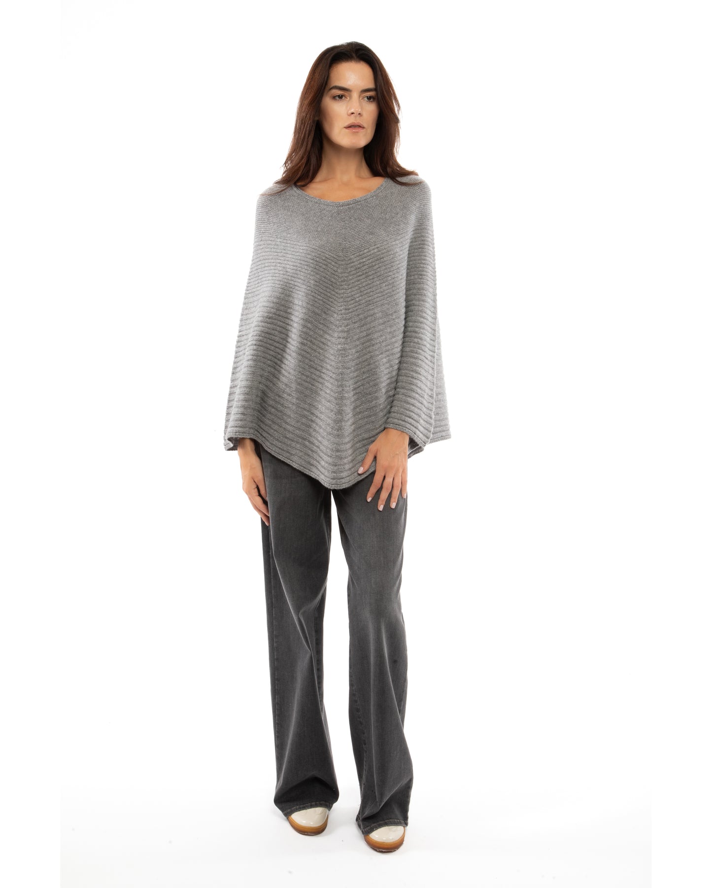 Women's Pure Cashmere Ribbed Knit Poncho Melange Gray