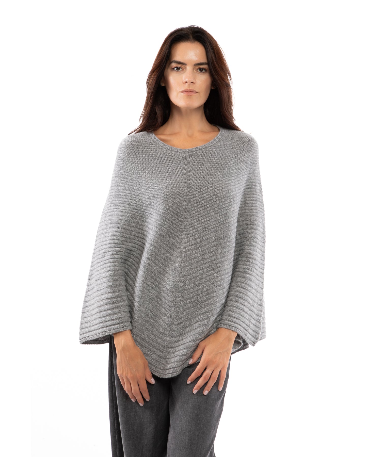 Women's Pure Cashmere Ribbed Knit Poncho Melange Gray