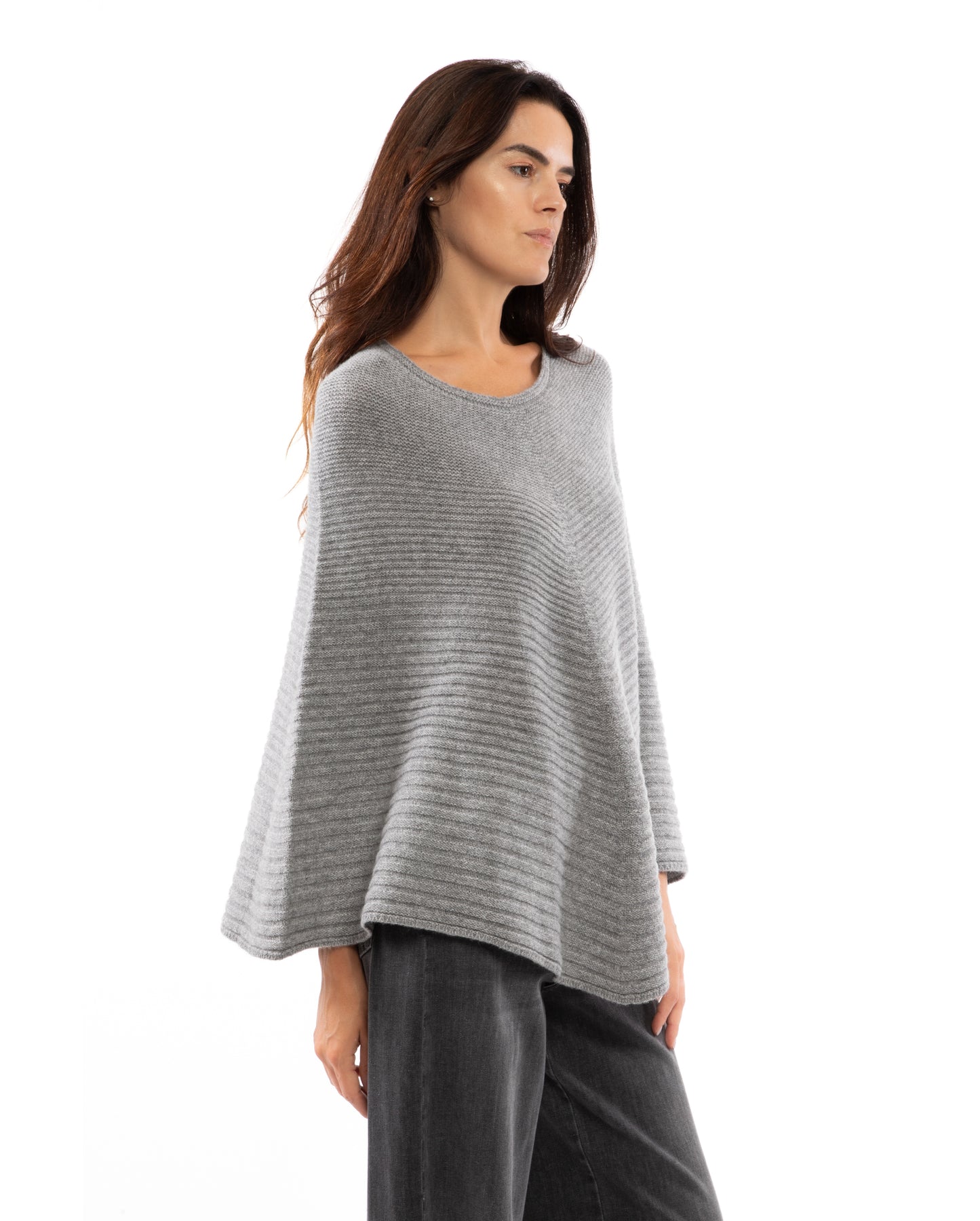 Women's Pure Cashmere Ribbed Knit Poncho Melange Gray