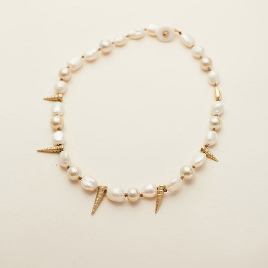 THE PERNILLA choker - Champagne Pearls and 14KT Gold Cast Shells