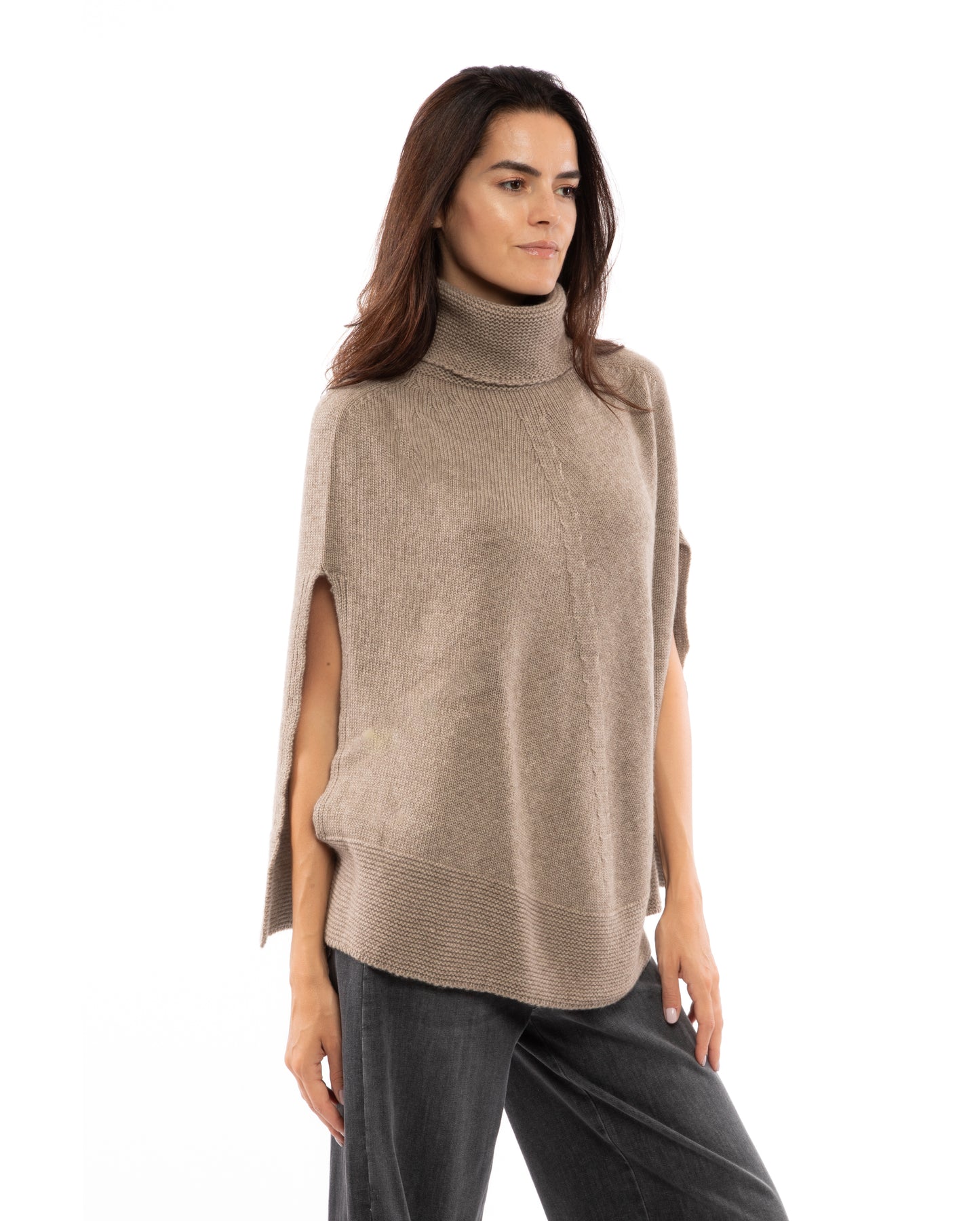 Pure Cashmere Turtleneck Poncho Taupe