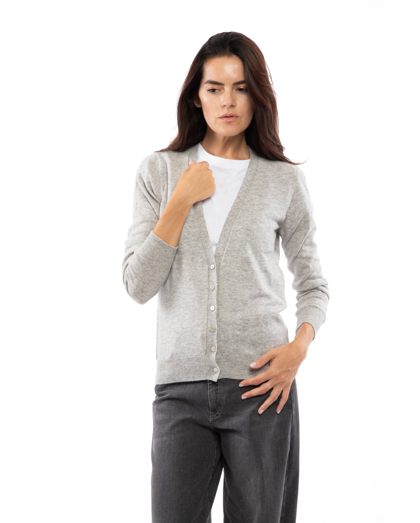 Womens Pure Cashmer Cardigan V-Neck Made In Italy Light Gray 3