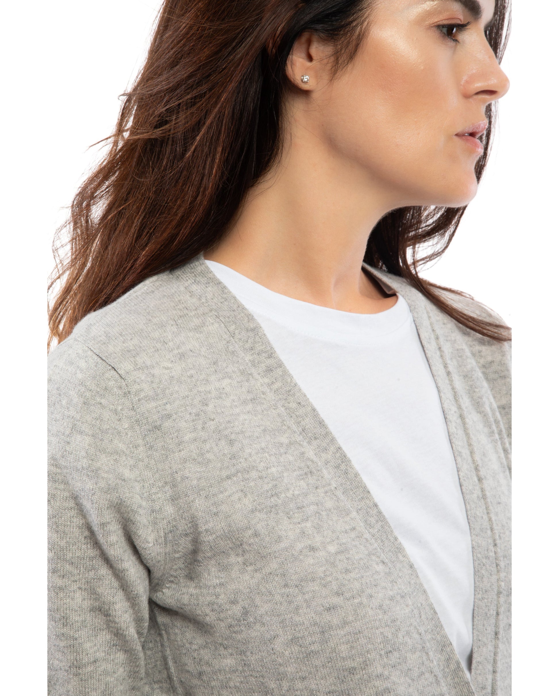 Womens Pure Cashmer Cardigan V-Neck Made In Italy Light Gray 4