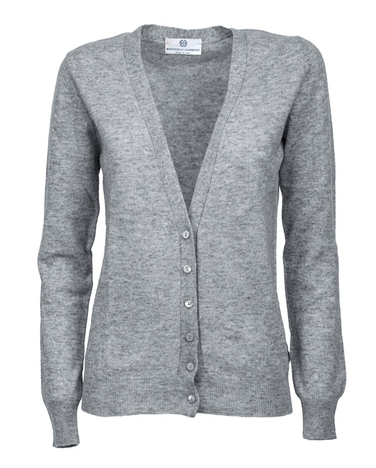 Womens Pure Cashmer Cardigan V-Neck Made In Italy Melange Gray 1