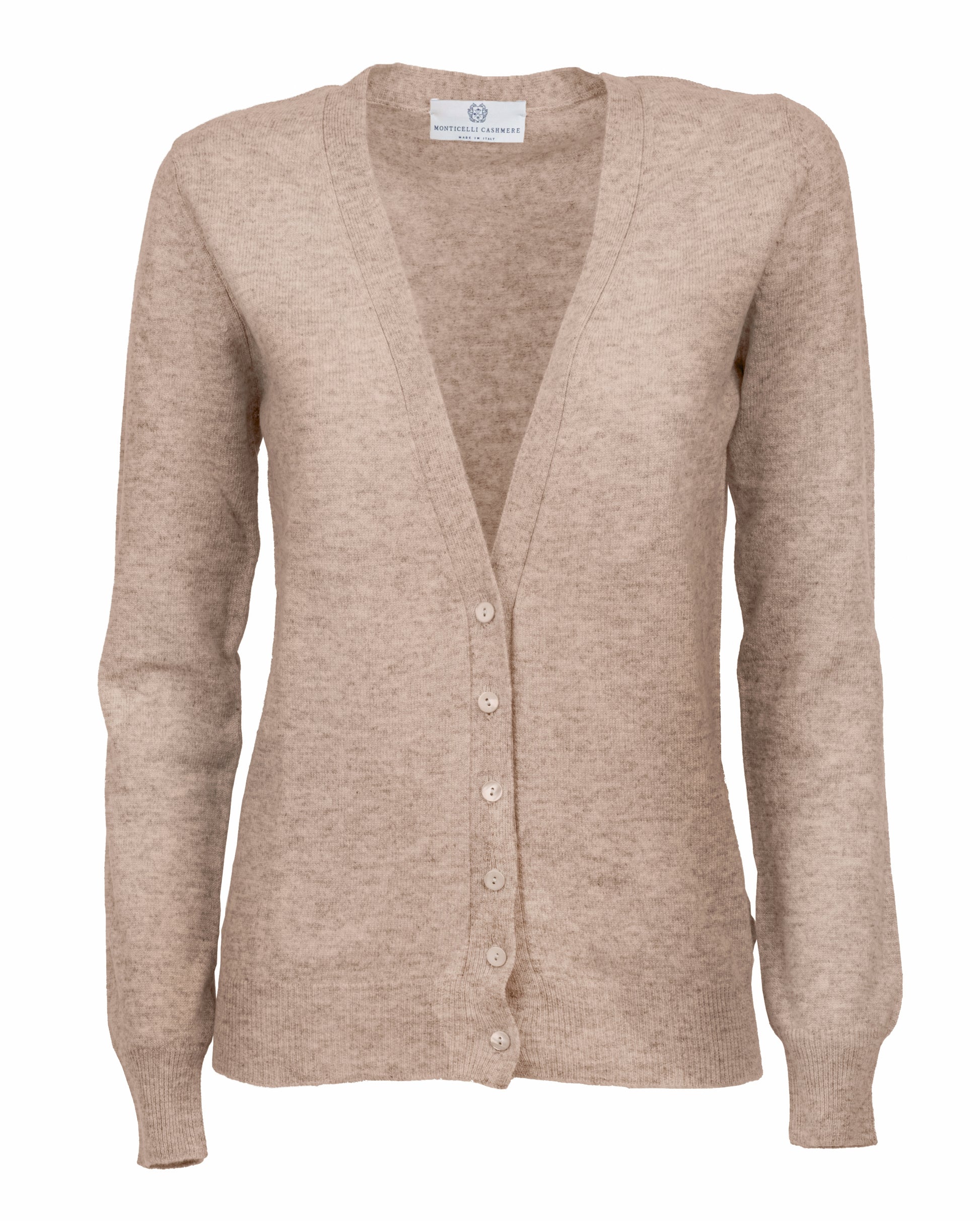 Womens Pure Cashmer Cardigan V-Neck Made In Italy Taupe 1