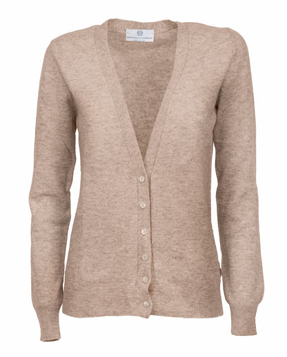 Womens Pure Cashmer Cardigan V-Neck Made In Italy Taupe 1