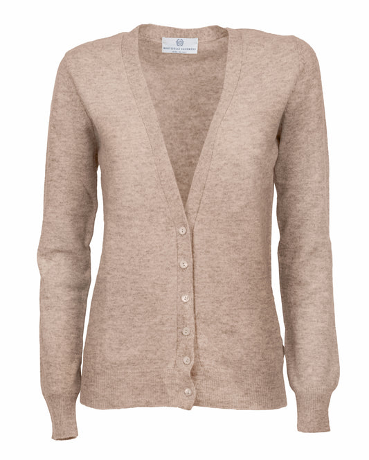 Womens Pure Cashmer Cardigan V-Neck Made In Italy Taupe 1
