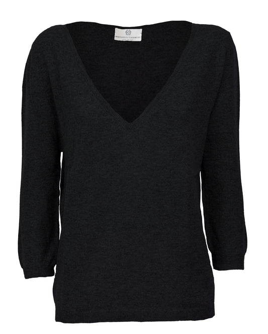 Womens Cashmere Deep V Neck Sweater Black Made In Italy 1