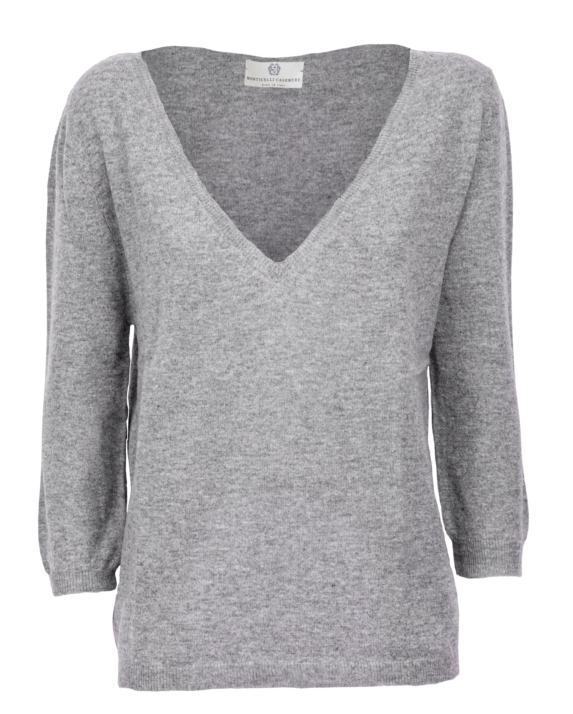 Womens Cashmere Deep V Neck Sweater Melange Gray Made In Italy 6
