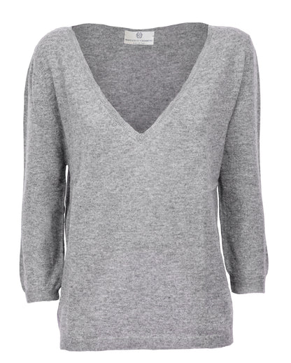 Womens Cashmere Deep V Neck Sweater Melange Gray Made In Italy 6