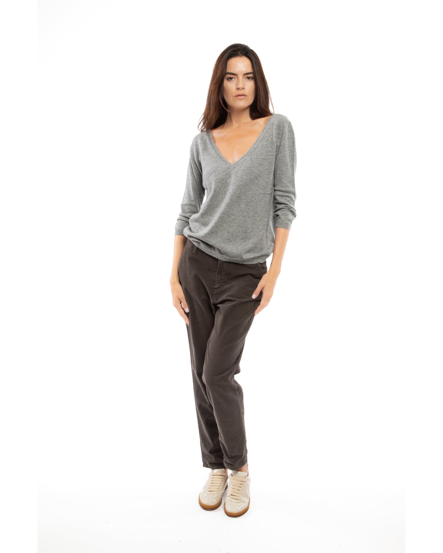 Women's Cashmere 3/4 Sleeve Wide V-Neck Jumper Melange Gray