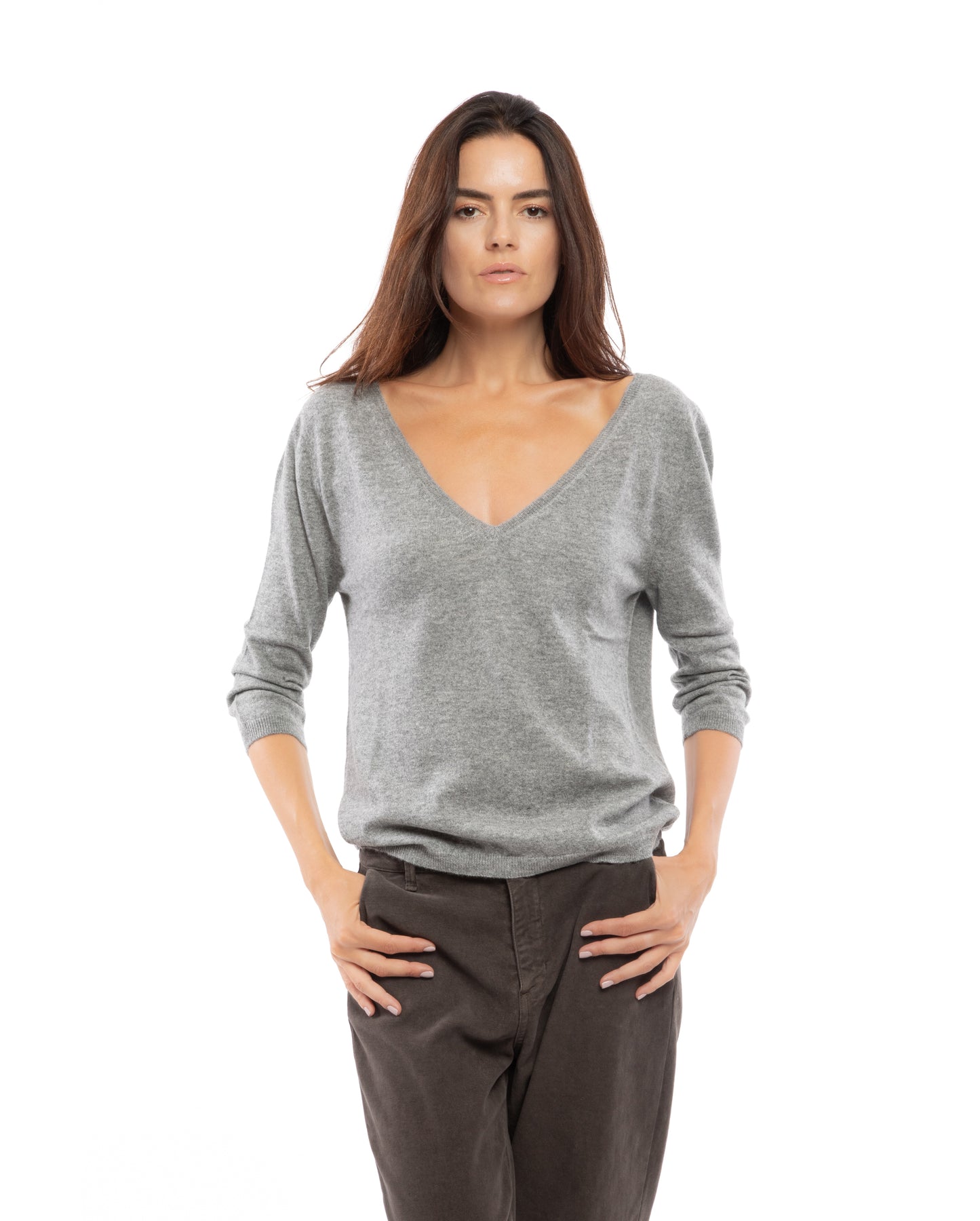 Women's Cashmere 3/4 Sleeve Wide V-Neck Jumper Melange Gray