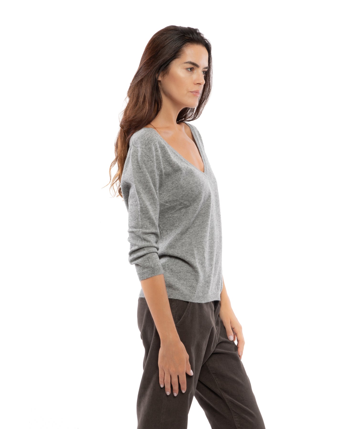 Women's Cashmere 3/4 Sleeve Wide V-Neck Jumper Melange Gray