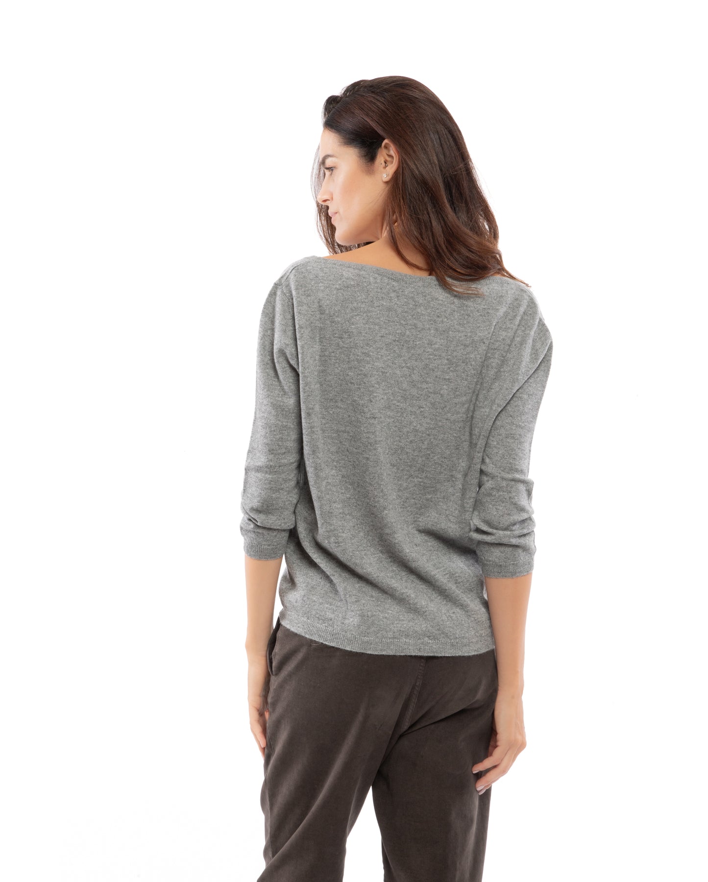 Women's Cashmere 3/4 Sleeve Wide V-Neck Jumper Melange Gray