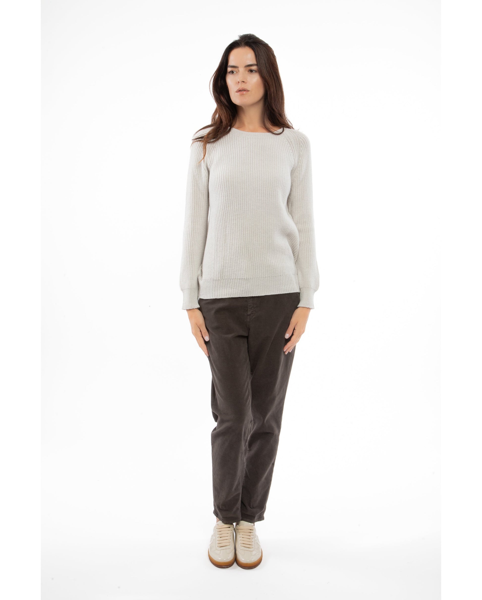 Womens Cashmere Fisherman Crewneck Sweater Off White Made in Italy 3