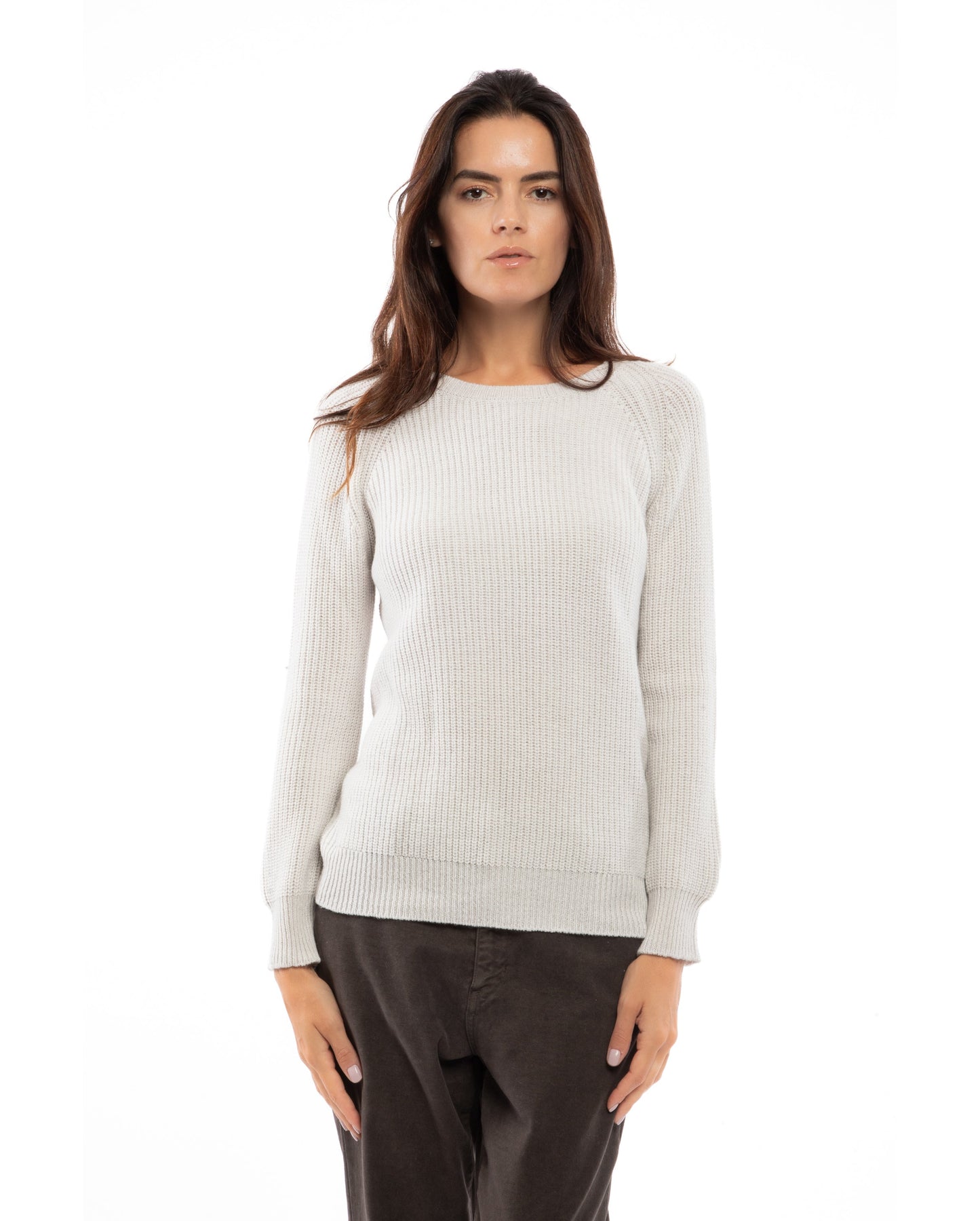 Womens Cashmere Fisherman Crewneck Sweater Off White Made in Italy 3