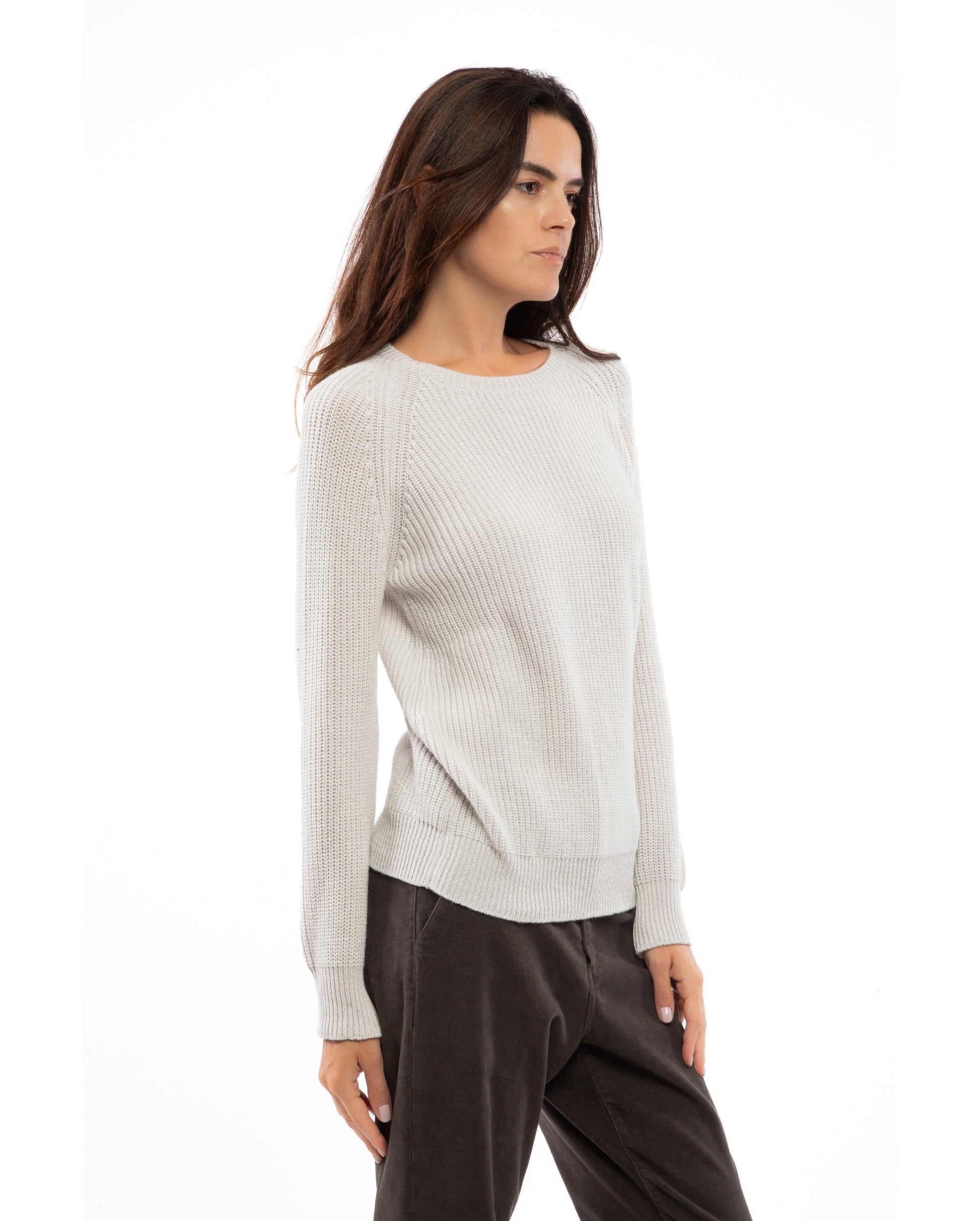 Womens Cashmere Fisherman Crewneck Sweater Off White Made in Italy 6