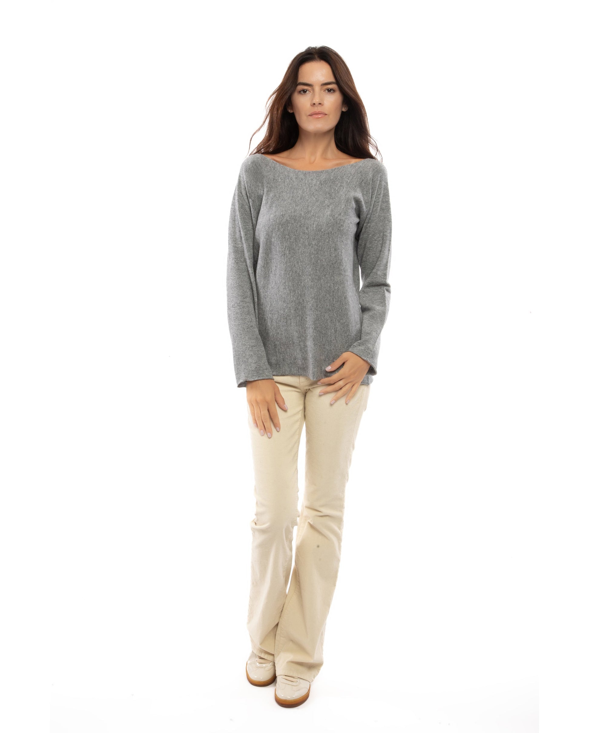 Womens Cashmere Lounge Maxi Boatneck Melange Gray Made In Italy 5