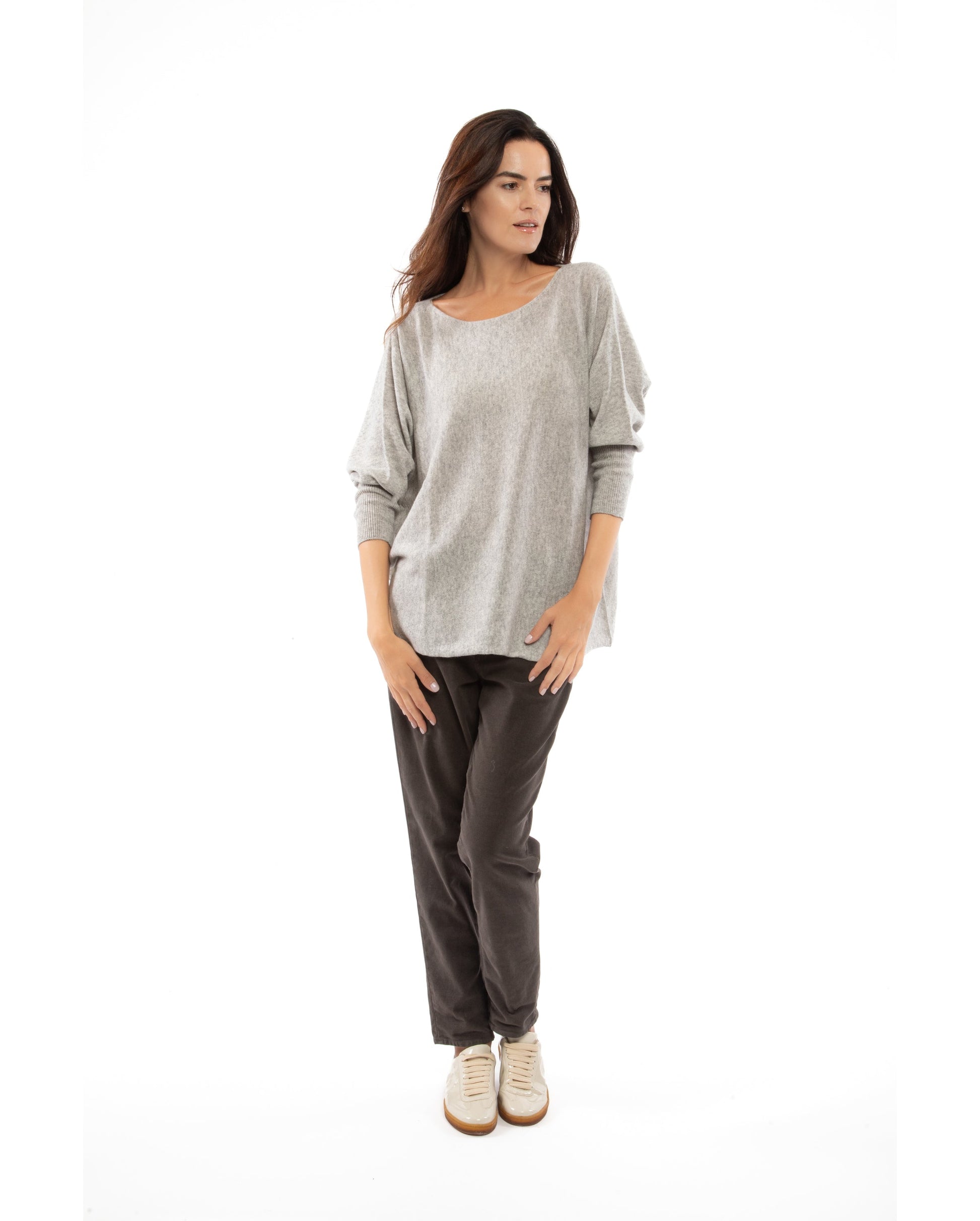 Womens Cashmere Maxi Horizontal Stitch Boat Neck Light Gray Made In Italy 5