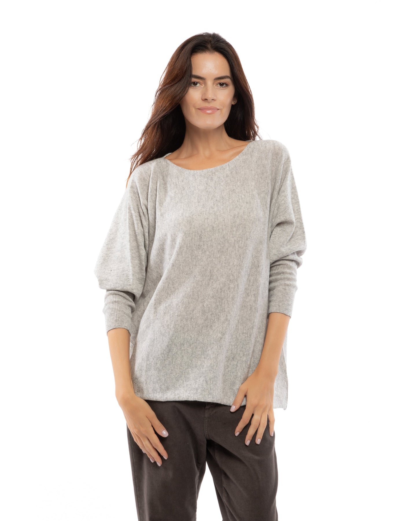 Womens Cashmere Maxi Horizontal Stitch Boat Neck Light Gray Made In Italy 3