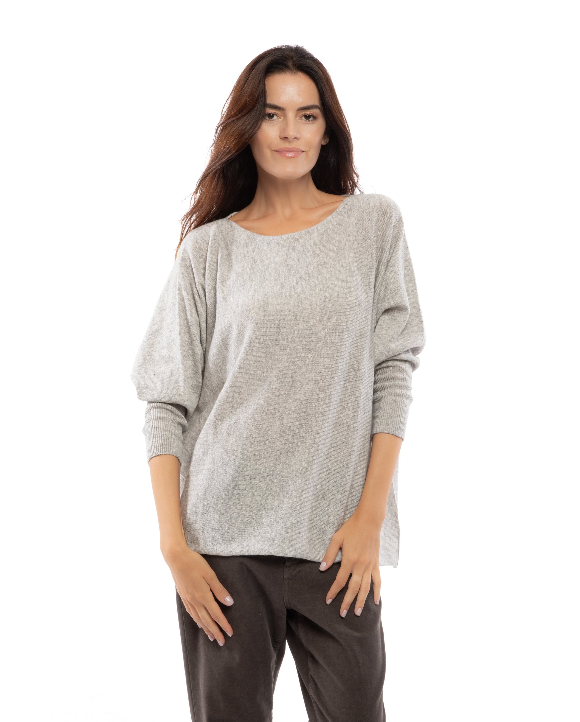 Womens Cashmere Maxi Horizontal Stitch Boat Neck Light Gray Made In Italy 3