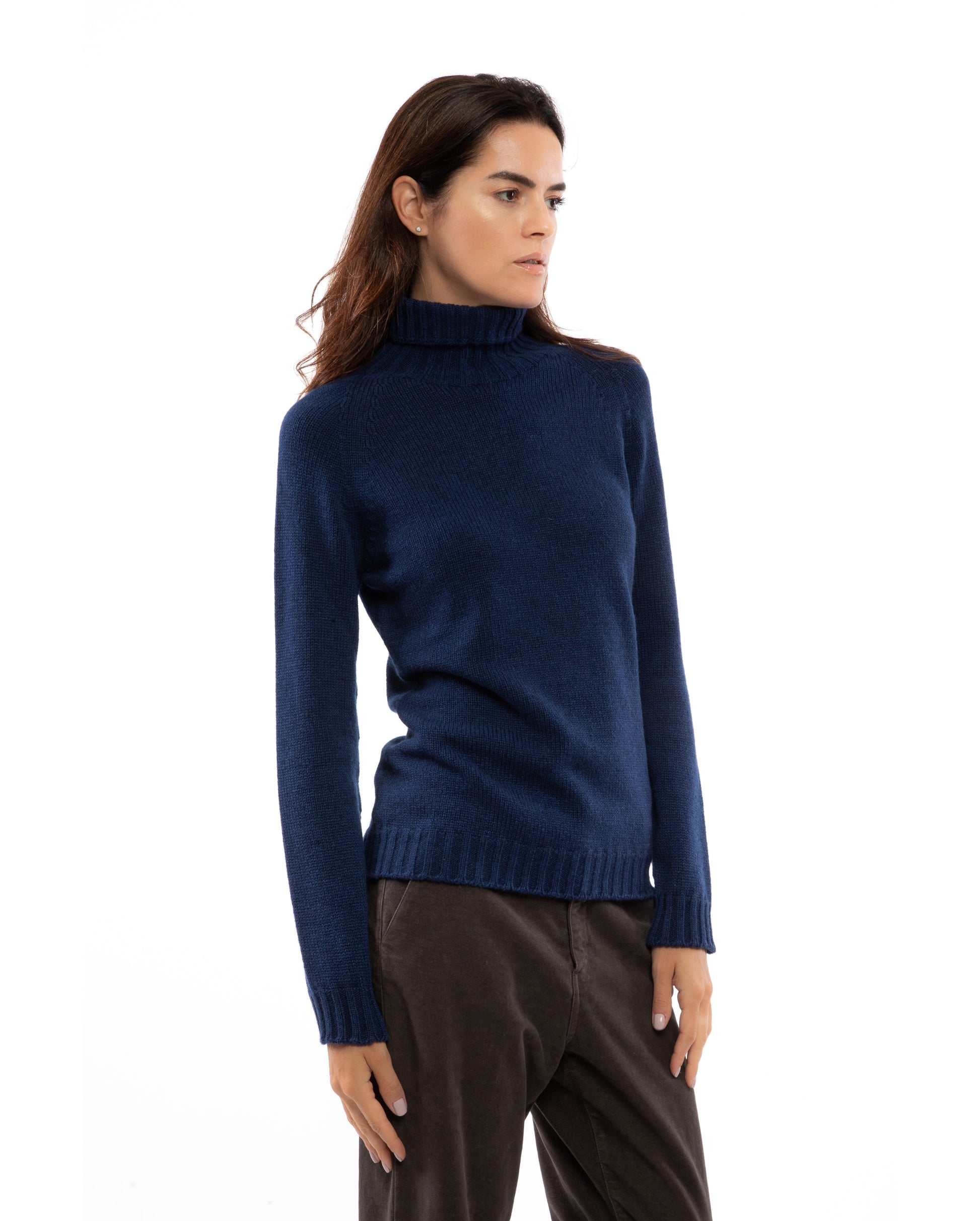Womens Cashmere Turtle Neck Sweater Raglan Sleeves Made In Italy Blue Melange 6