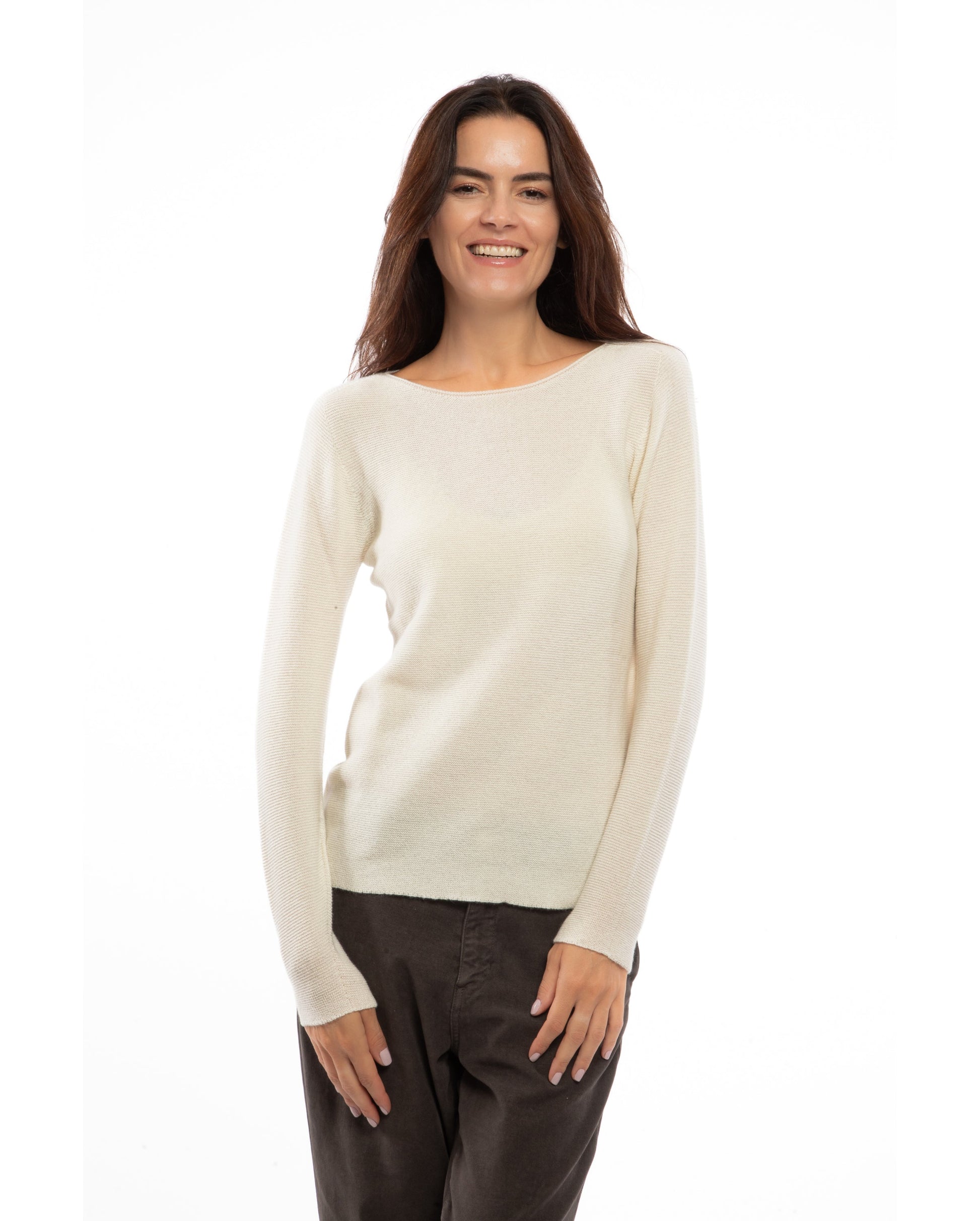 womens crew neck sweater pure cashmere links stitch Milk White Made In Italy 3