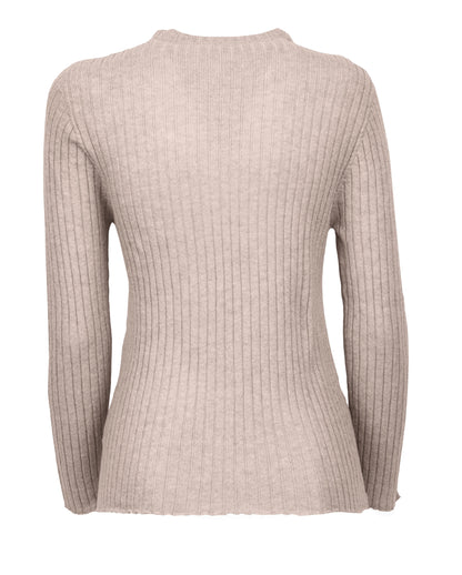 Womens Crew Neck Sweater Ribbed Knit Cashmere Beige Made In Italy 7