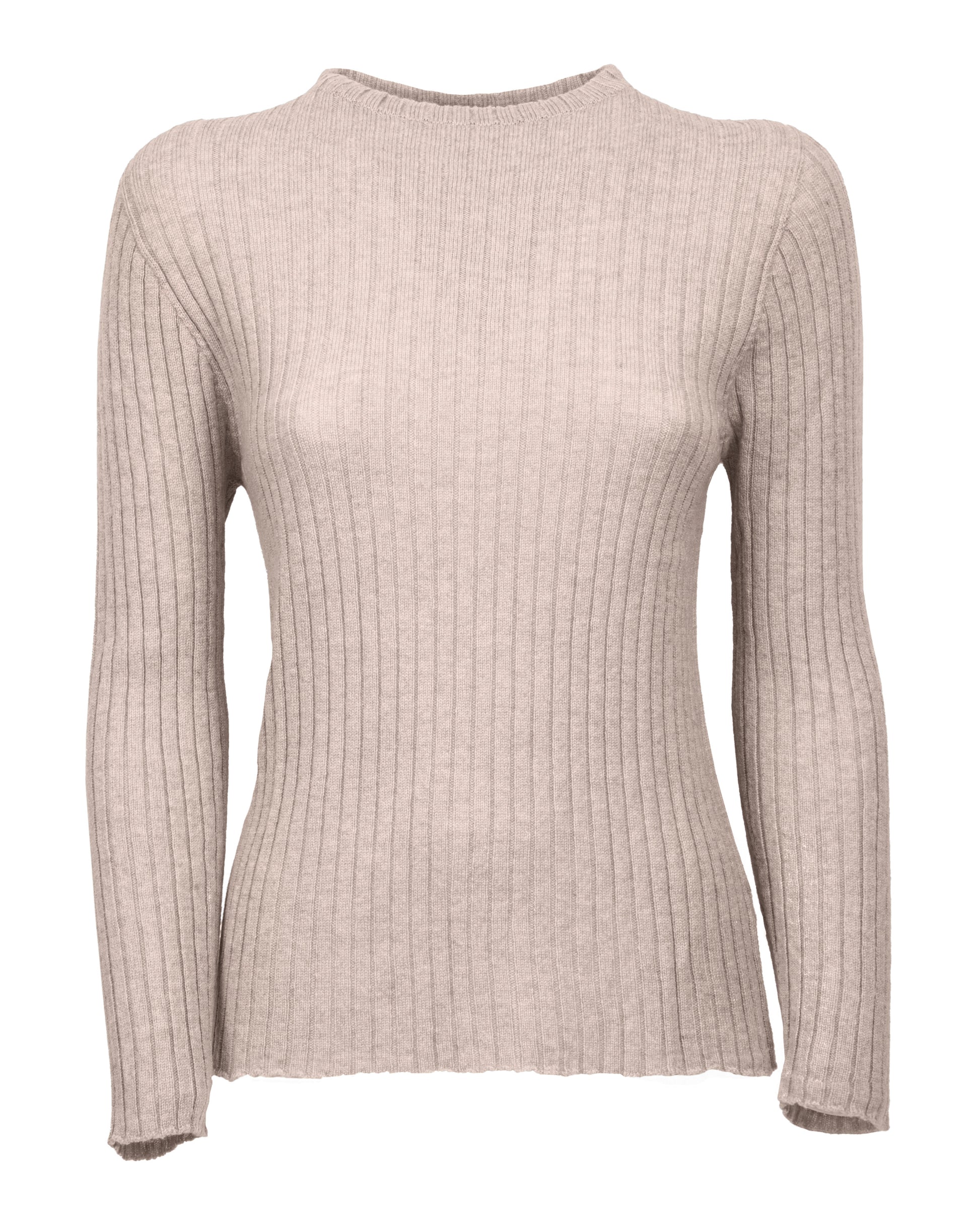 Womens Crew Neck Sweater Ribbed Knit Cashmere Beige Made In Italy 6