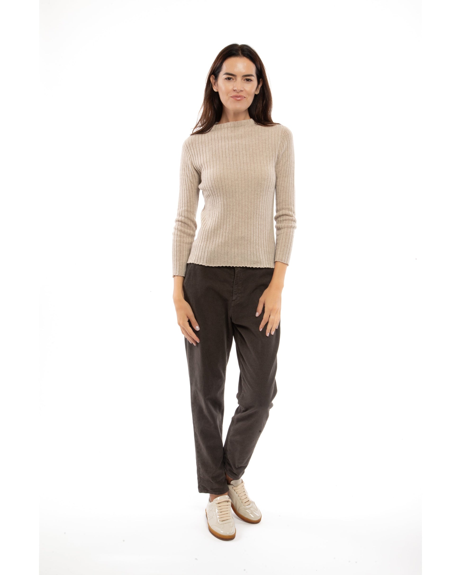 Womens Crew Neck Sweater Ribbed Knit Cashmere Beige Made In Italy 5