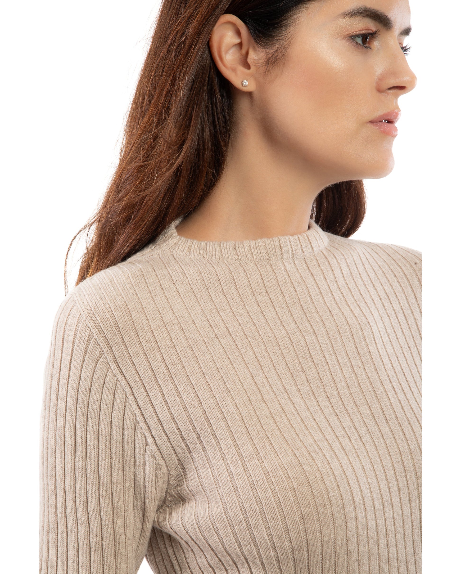 Womens Crew Neck Sweater Ribbed Knit Cashmere Beige Made In Italy 4
