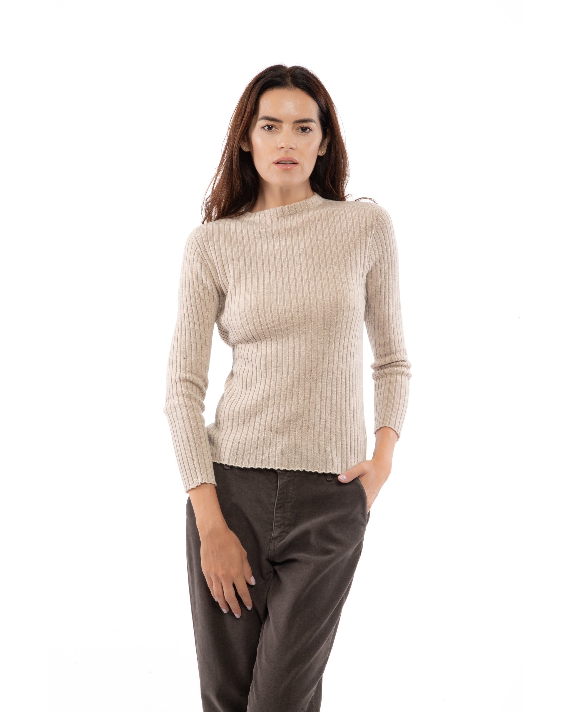 Womens Crew Neck Sweater Ribbed Knit Cashmere Beige Made In Italy 3