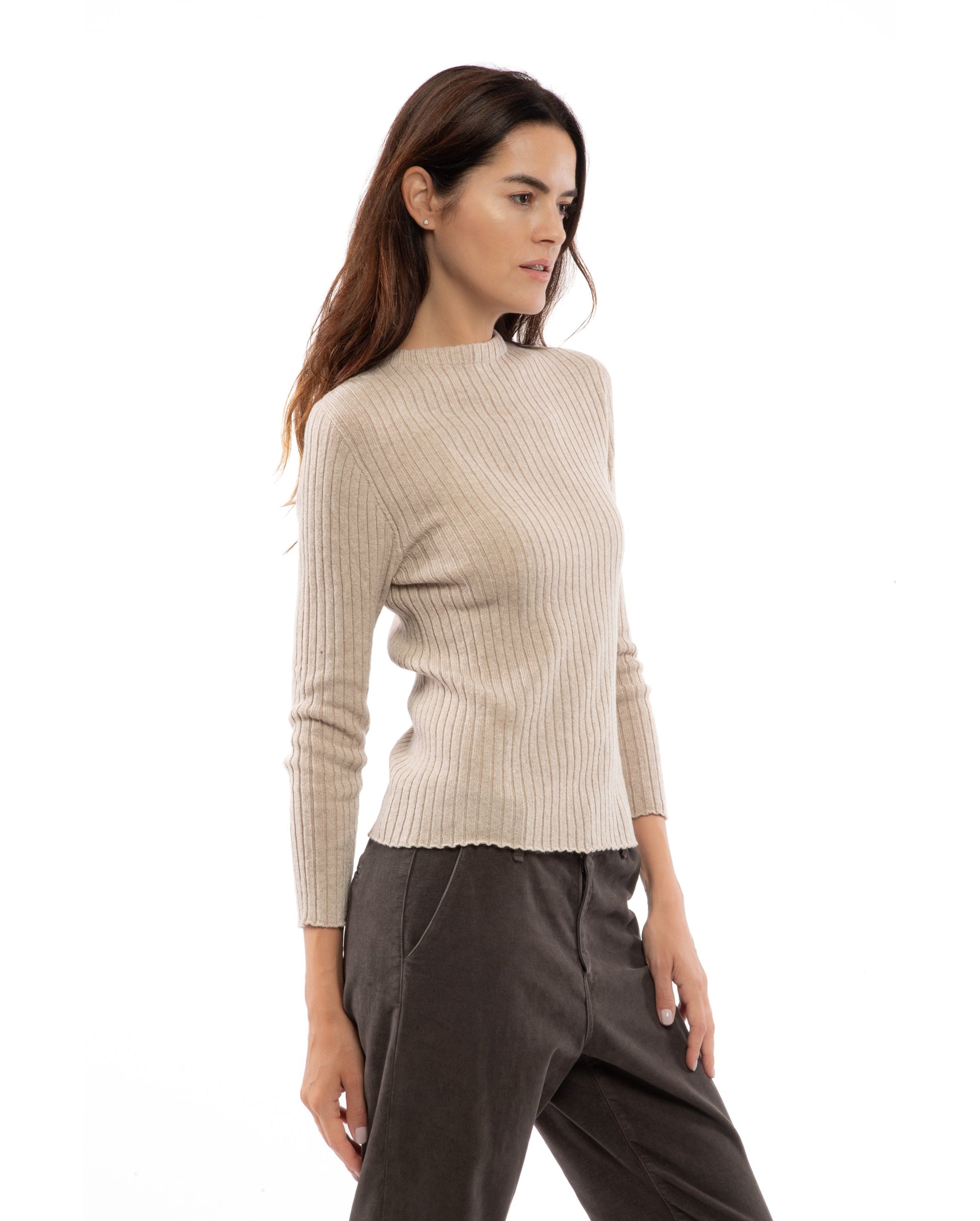 Womens Crew Neck Sweater Ribbed Knit Cashmere Beige Made In Italy 6