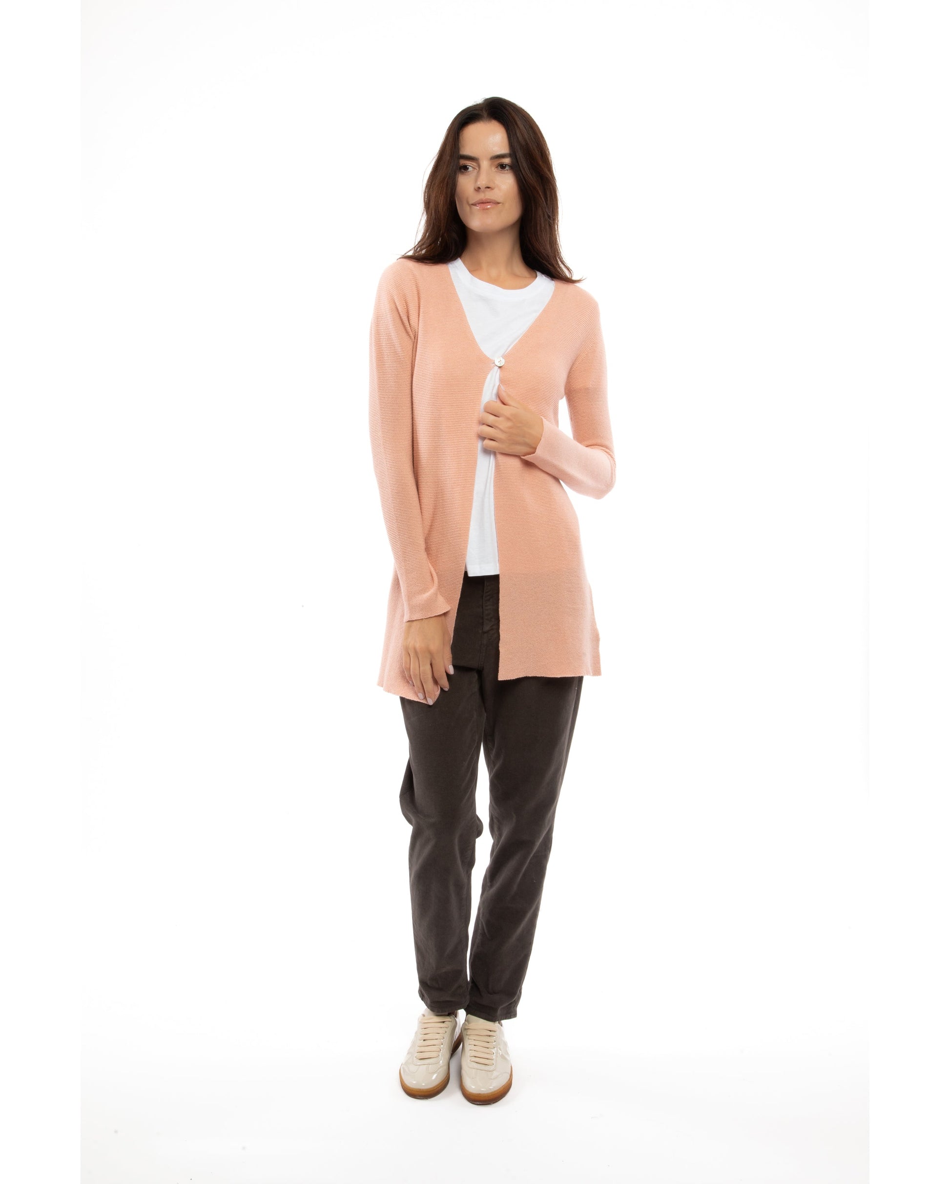 Womens Duster Cardigan Cashmere Links Stitch Peach Made In Italy 5