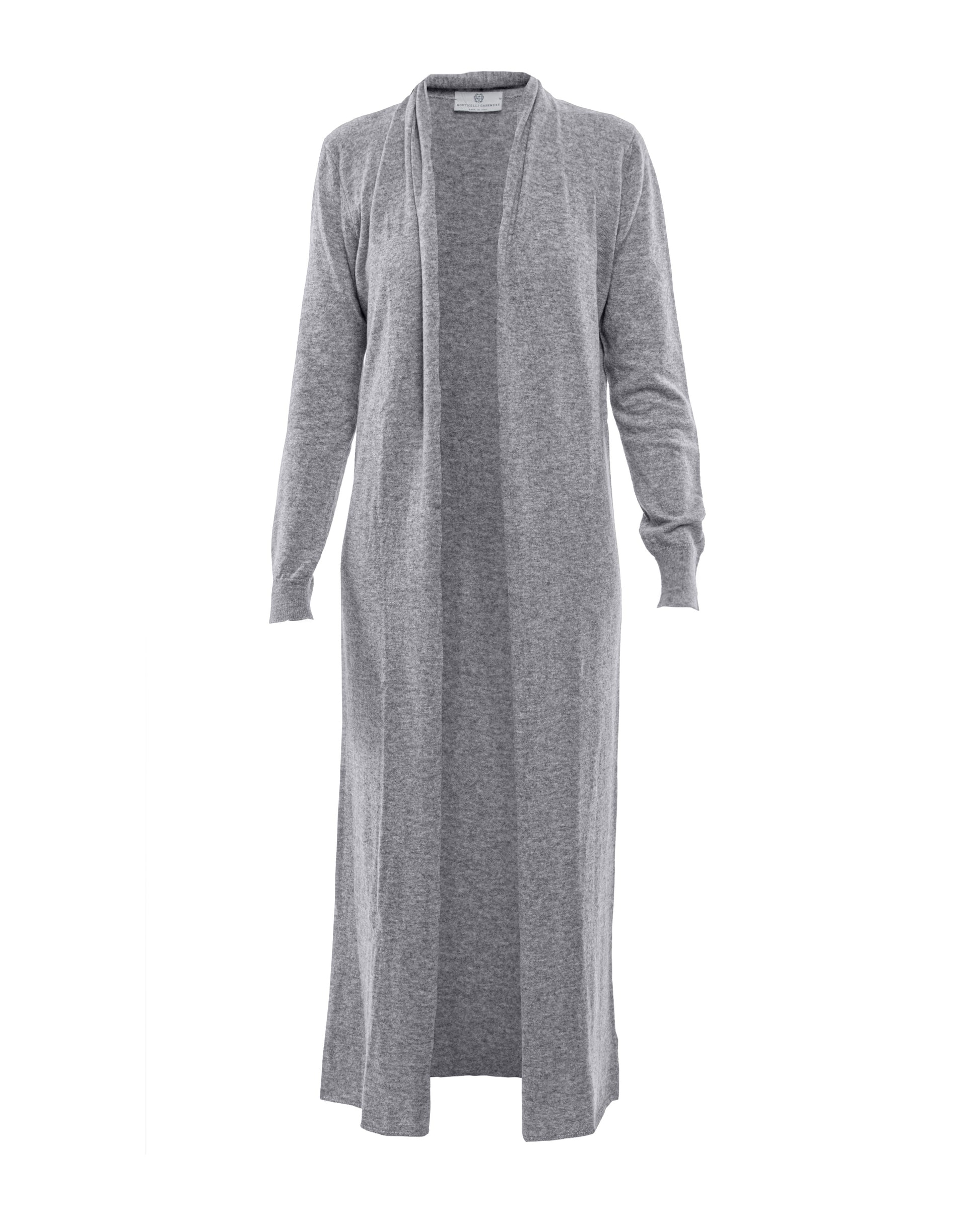 Womens Fine Cashmere Full Length Duster Cardigan Melange Gray Made In Italy 6