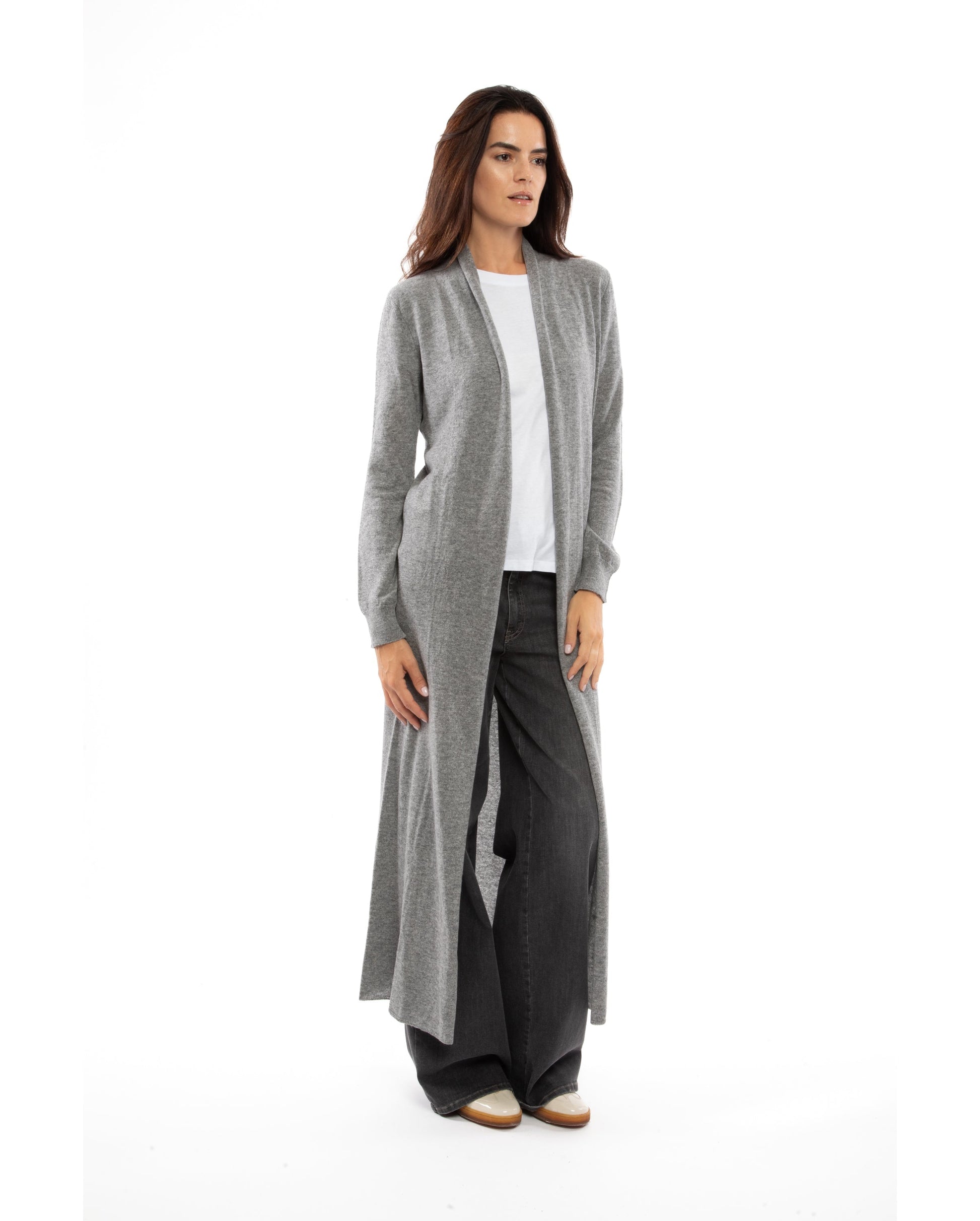 Womens Fine Cashmere Full Length Duster Cardigan Melange Gray Made In Italy 4