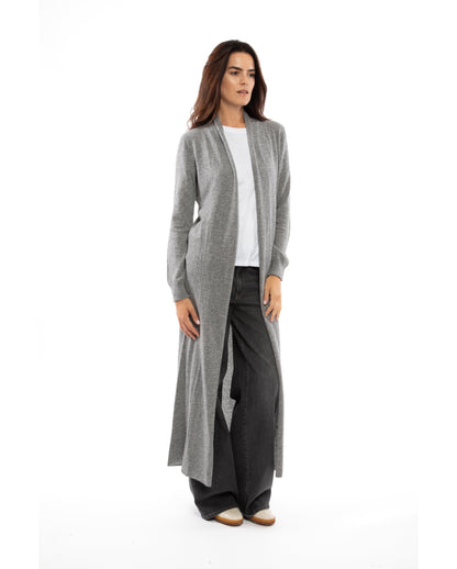 Womens Fine Cashmere Full Length Duster Cardigan Melange Gray Made In Italy 4