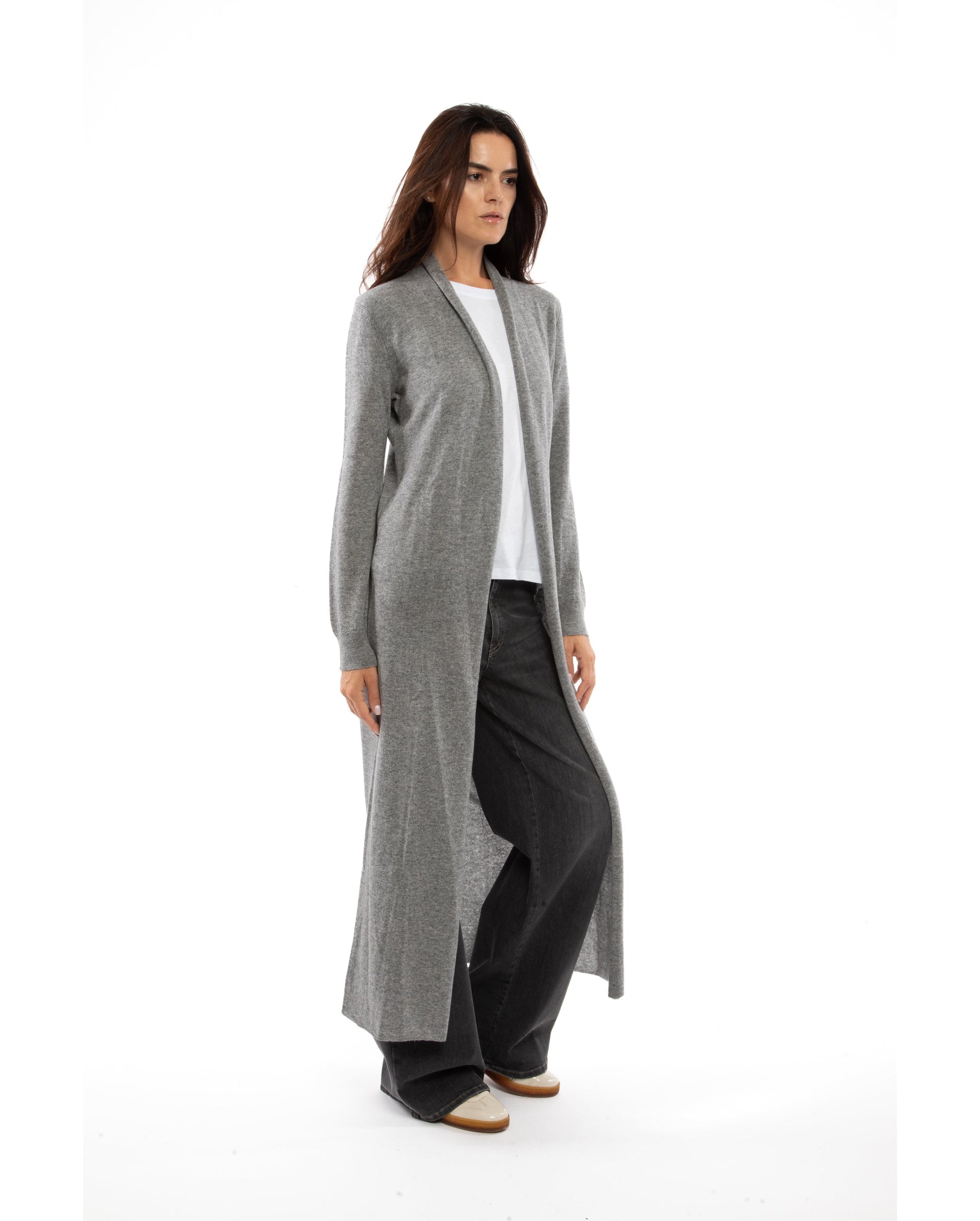 Womens Fine Cashmere Full Length Duster Cardigan Melange Gray Made In Italy 5