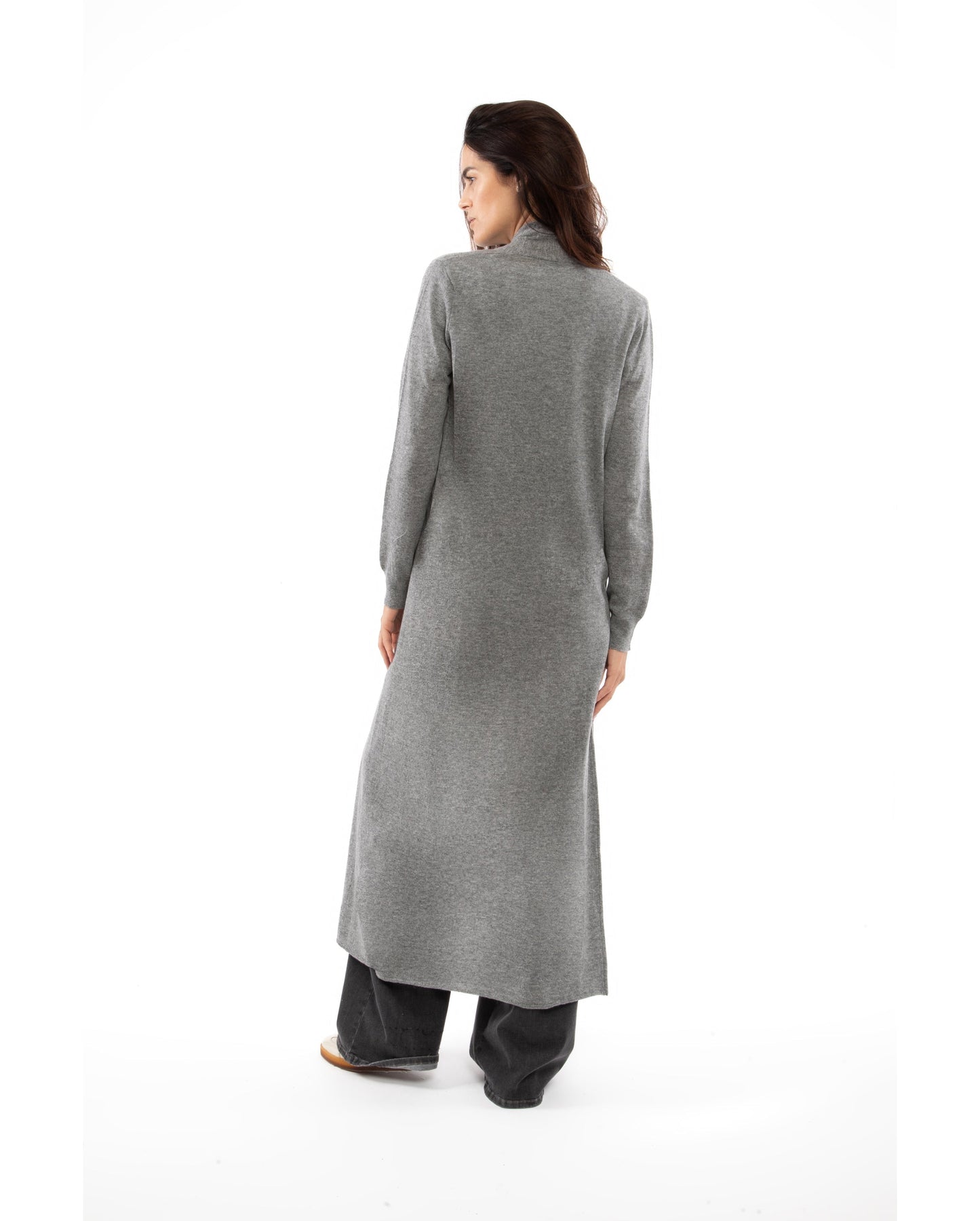 Womens Fine Cashmere Full Length Duster Cardigan Melange Gray Made In Italy 6
