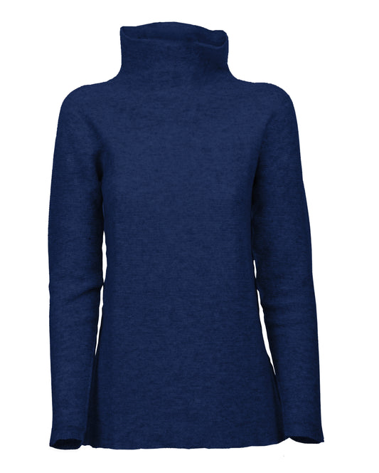 Womens Funnel Neck Sweater Pure Cashmere Links Stitch Melange Blue Made In Italy 1