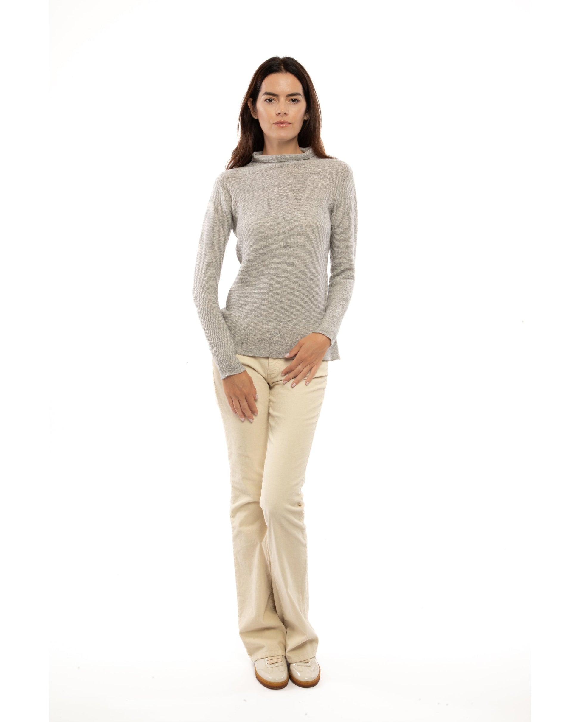 Womens Funnel Neck Sweater Pure Cashmere Links Stitch Light Gray Made In Italy 5