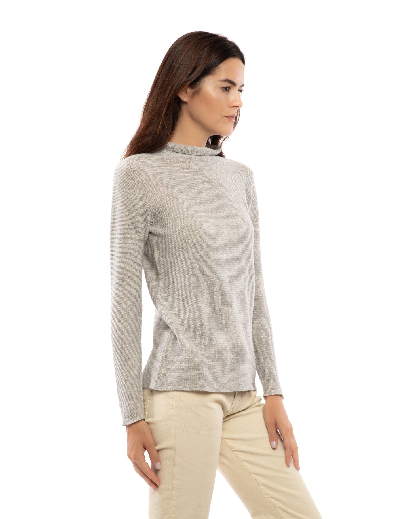 Womens Funnel Neck Sweater Pure Cashmere Links Stitch Light Gray Made In Italy 3
