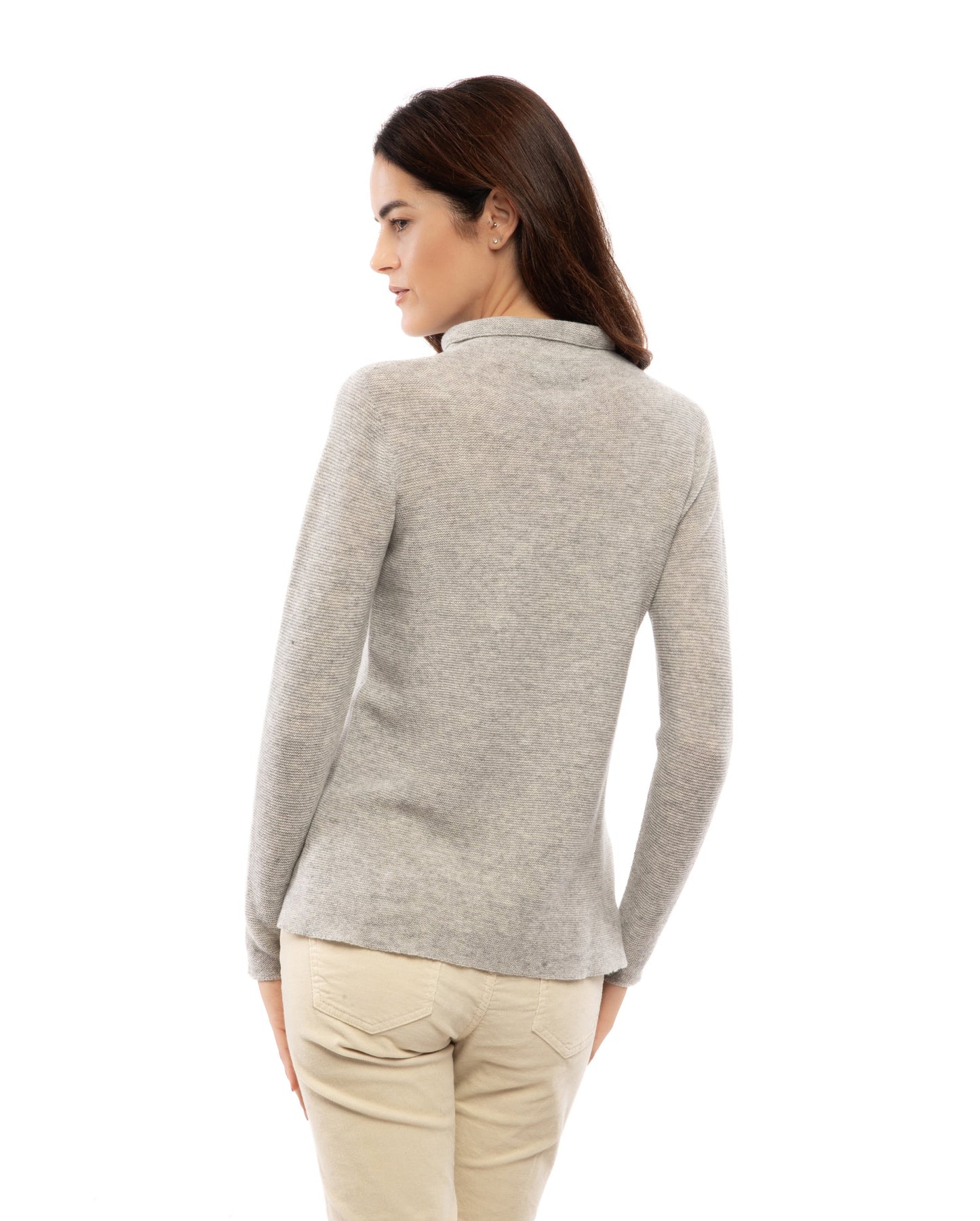 Womens Funnel Neck Sweater Pure Cashmere Links Stitch Light Gray Made In Italy 4