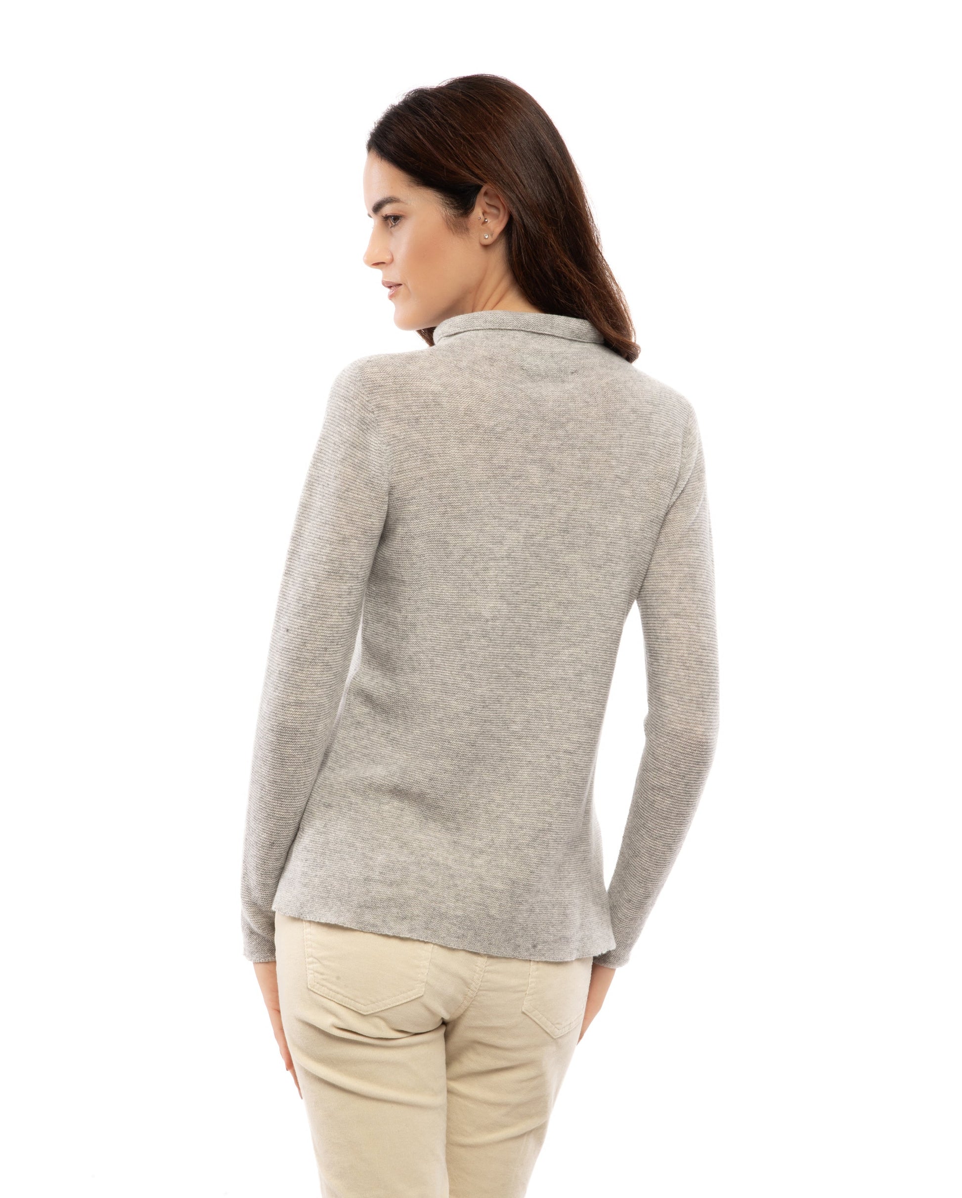 Womens Funnel Neck Sweater Pure Cashmere Links Stitch Light Gray Made In Italy 4