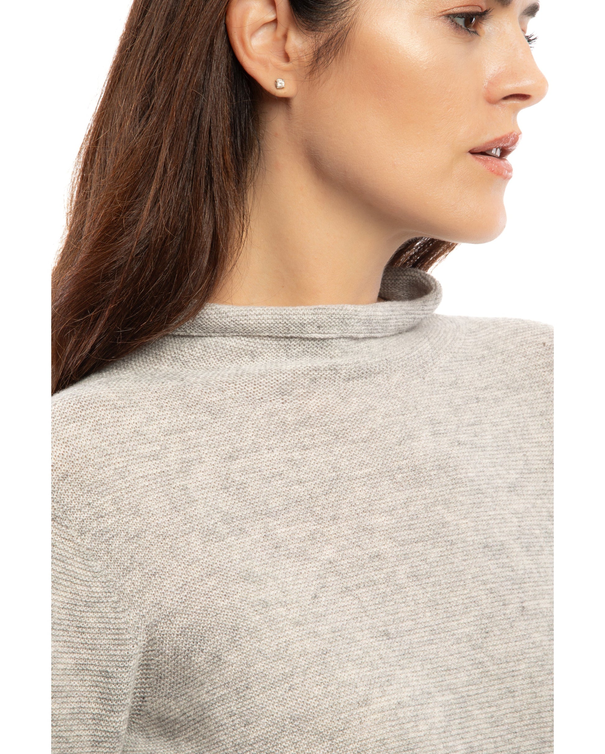 Womens Funnel Neck Sweater Pure Cashmere Links Stitch Light Gray Made In Italy 4