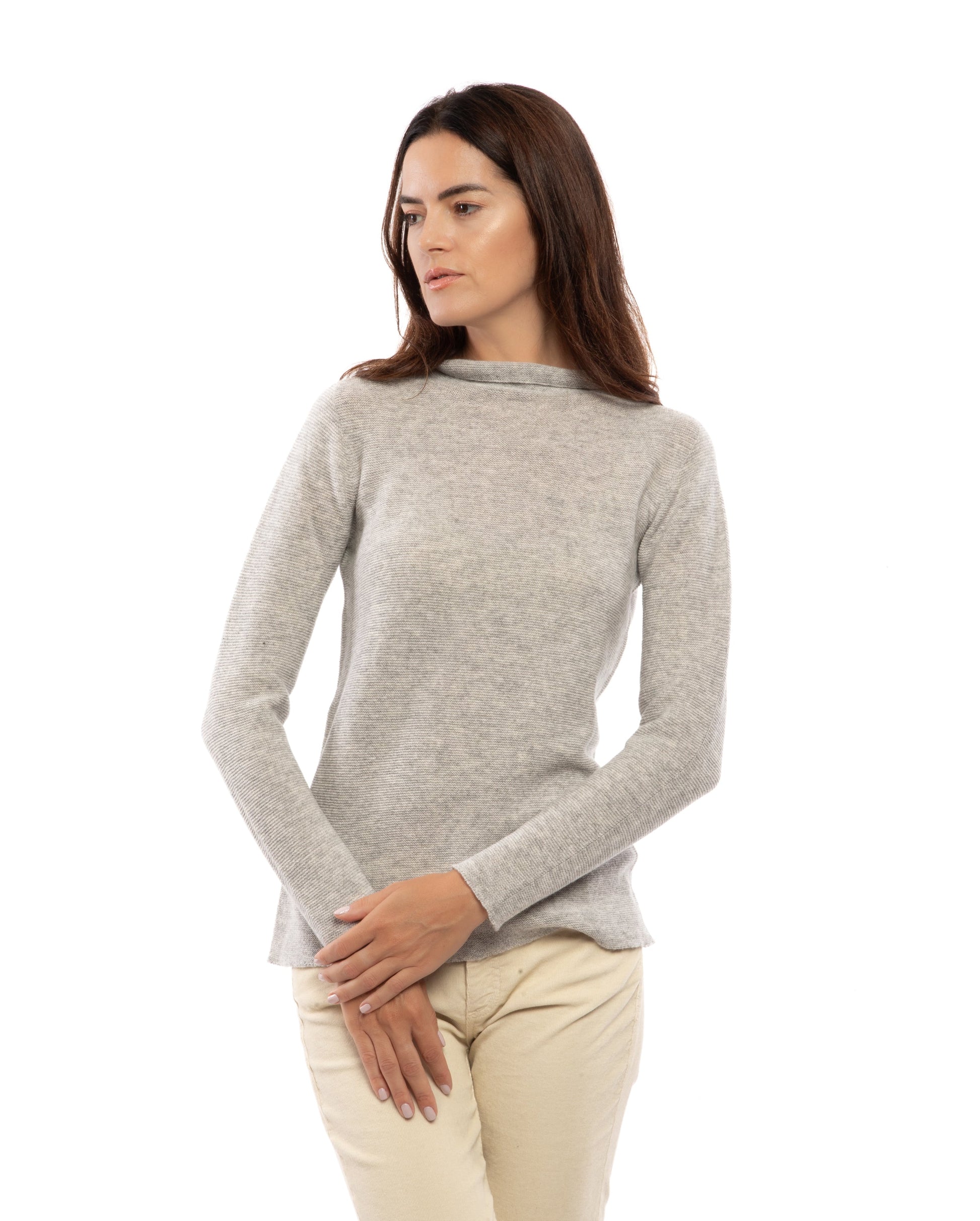 Womens Funnel Neck Sweater Pure Cashmere Links Stitch Light Gray Made In Italy 7