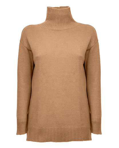womens funnel neck turtleneck sweater cashmere lambswool blend Camel Made In Italy 6